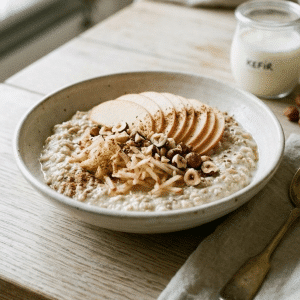 Bircher pomme et noisette au kéfir et graines de lin