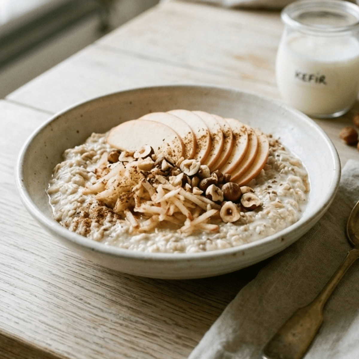 Bircher pomme et noisette au kéfir et graines de lin