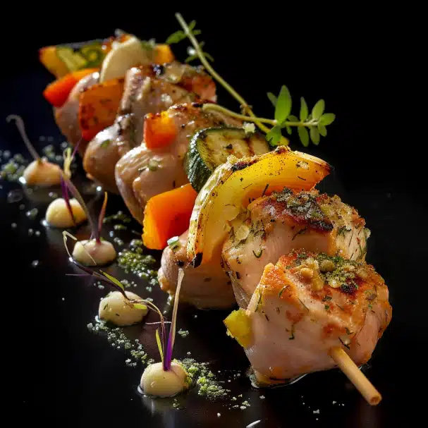 Brochettes de poulet mariné avec des légumes et purée de chou-fleur à l'ail