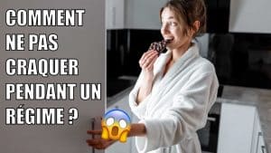 Woman eating chocolate in front of her open fridge during diet. Writing says Comment ne pas craquer pendant un régime