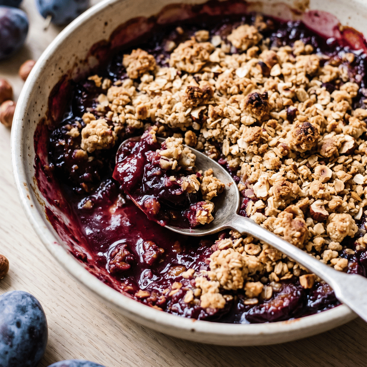 Crumble aux quetsches et noisettes, farine de sarrasin