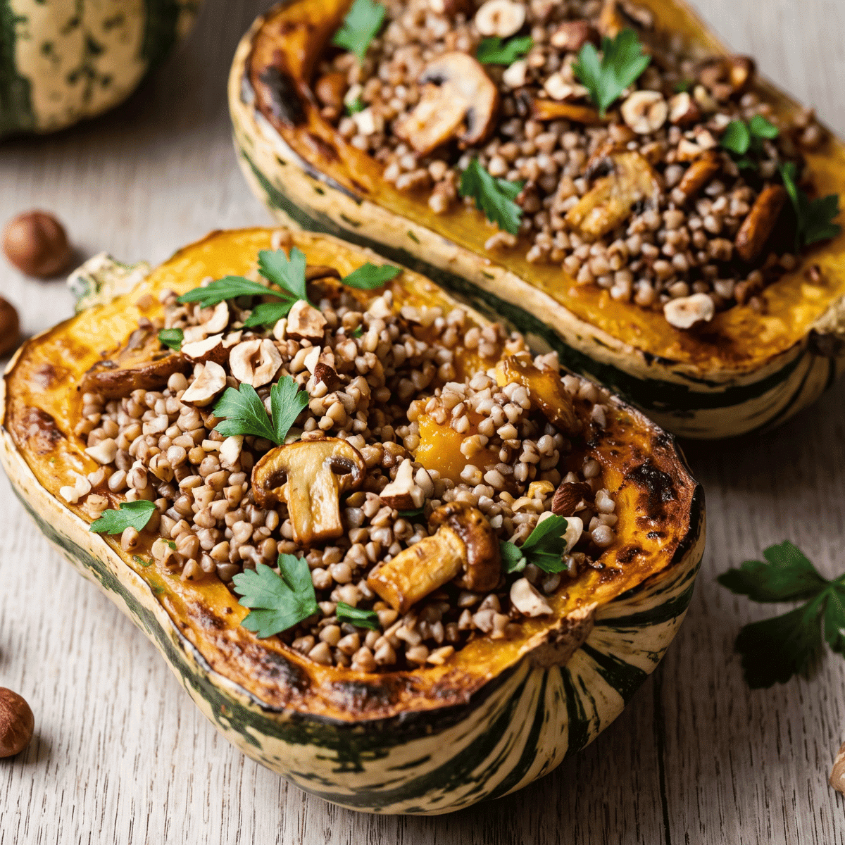 Courge patidou farcie au sarrasin, champignons et noisettes