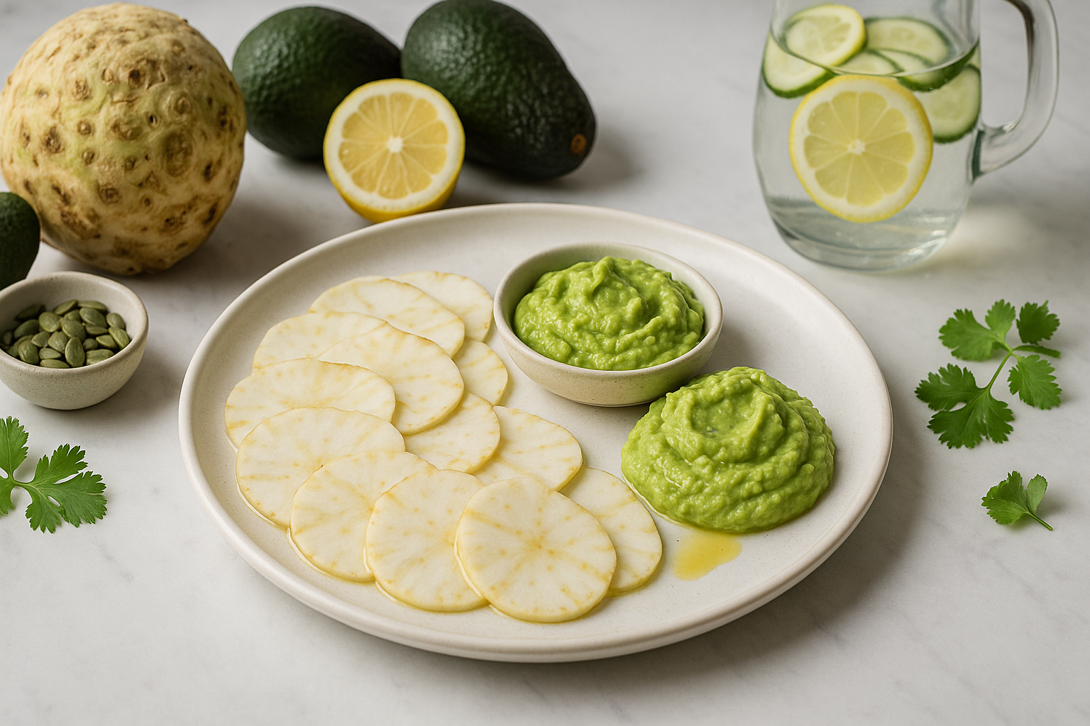 Le Carpaccio de céleri-rave et sa purée d'avocat !