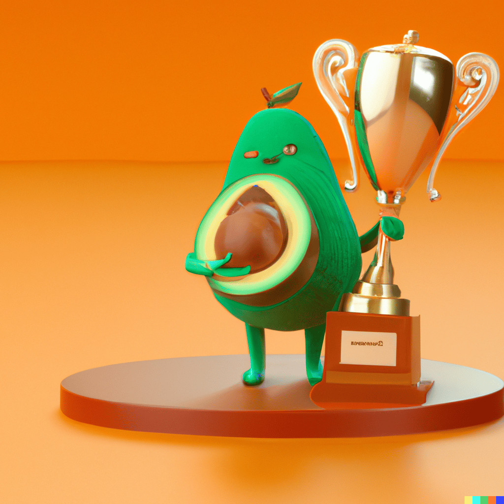 cute avocado holding a trophy on a podium