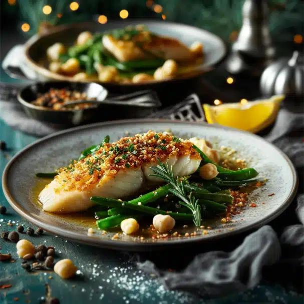 Merlu en croûte d'amandes avec des haricots verts sautés à l'ail et au citron