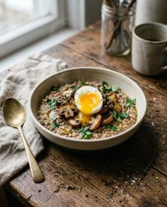 Porridge salé de sarrasin, champignons rôtis et œuf mollet