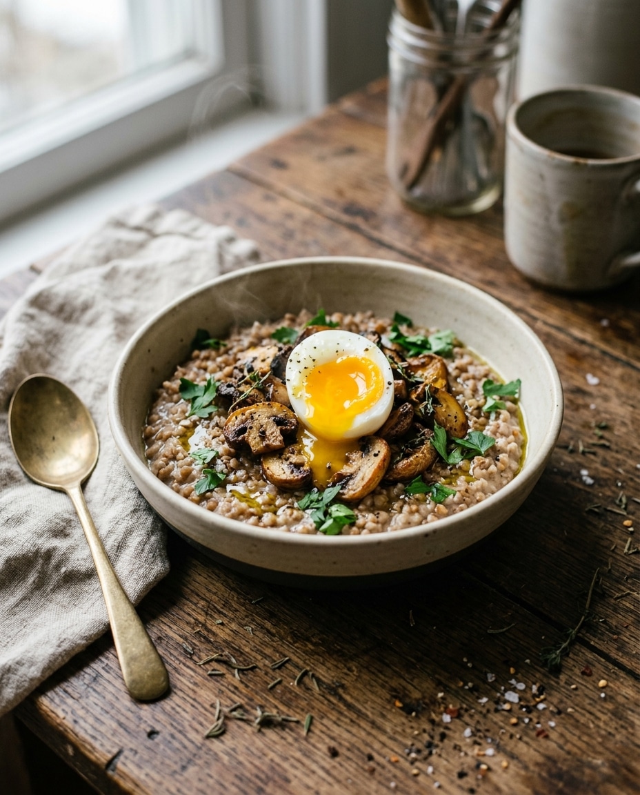 Porridge salé de sarrasin, champignons rôtis et œuf mollet
