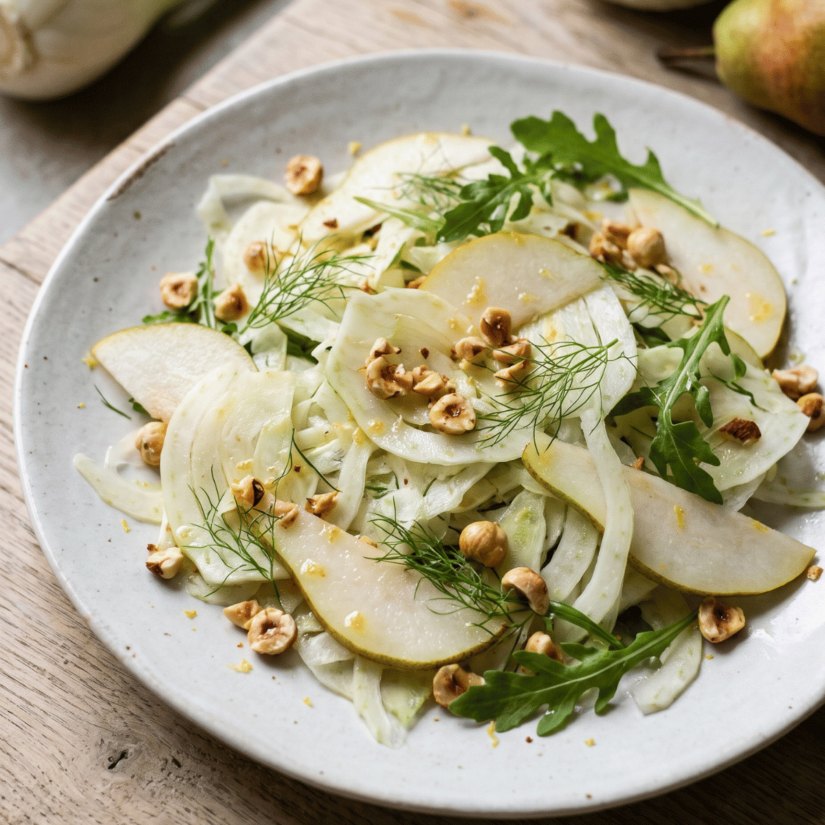 Salade de fenouil cru, poire et noisettes torréfiées