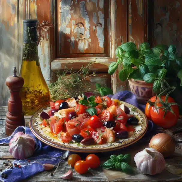 Salade de thon avec feuilles de laitue, tomates, olives et oignons rouges