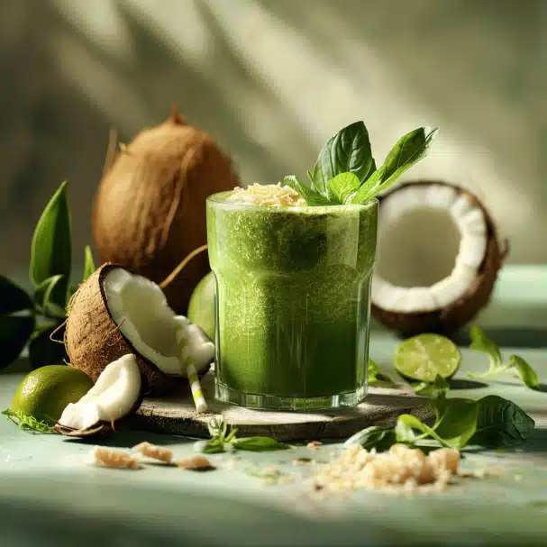 Smoothie vert à base d'épinards, de céleri, de concombre, de gingembre frais et de lait de coco