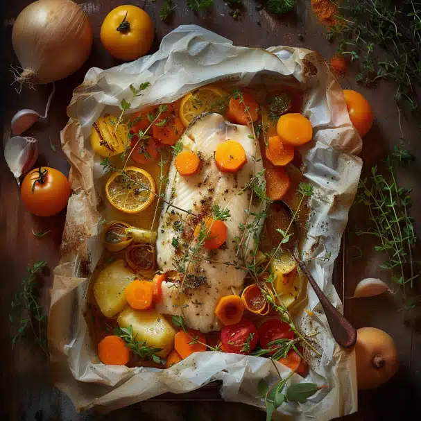 Sole en papillote avec des légumes de saison