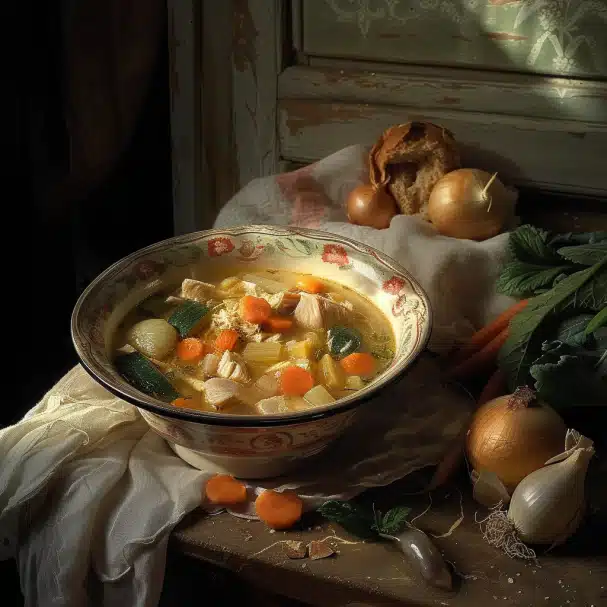 Soupe de légumes maison et morceaux de poulet 