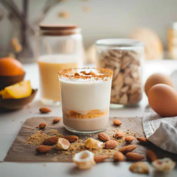 Yaourt au lait d'amandes nature avec des graines de courge et des morceaux de pêche