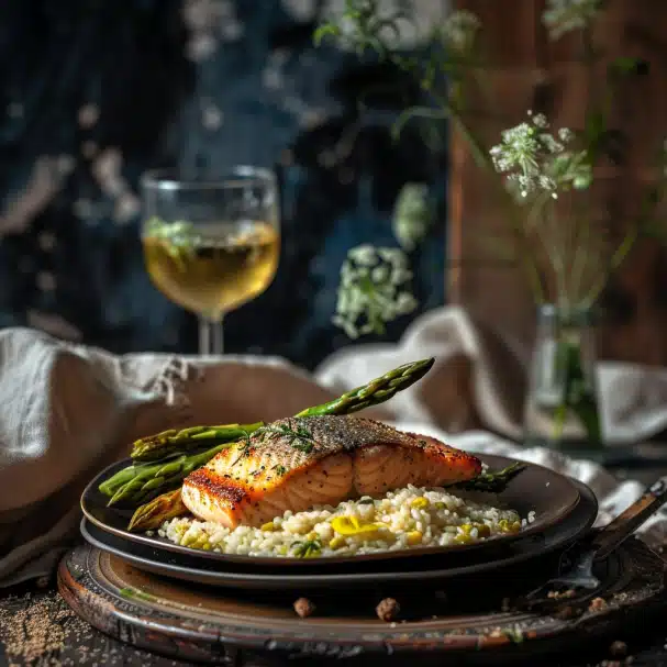 filet de saumon cuit au four avec des asperges grillées et du riz de chou-fleur