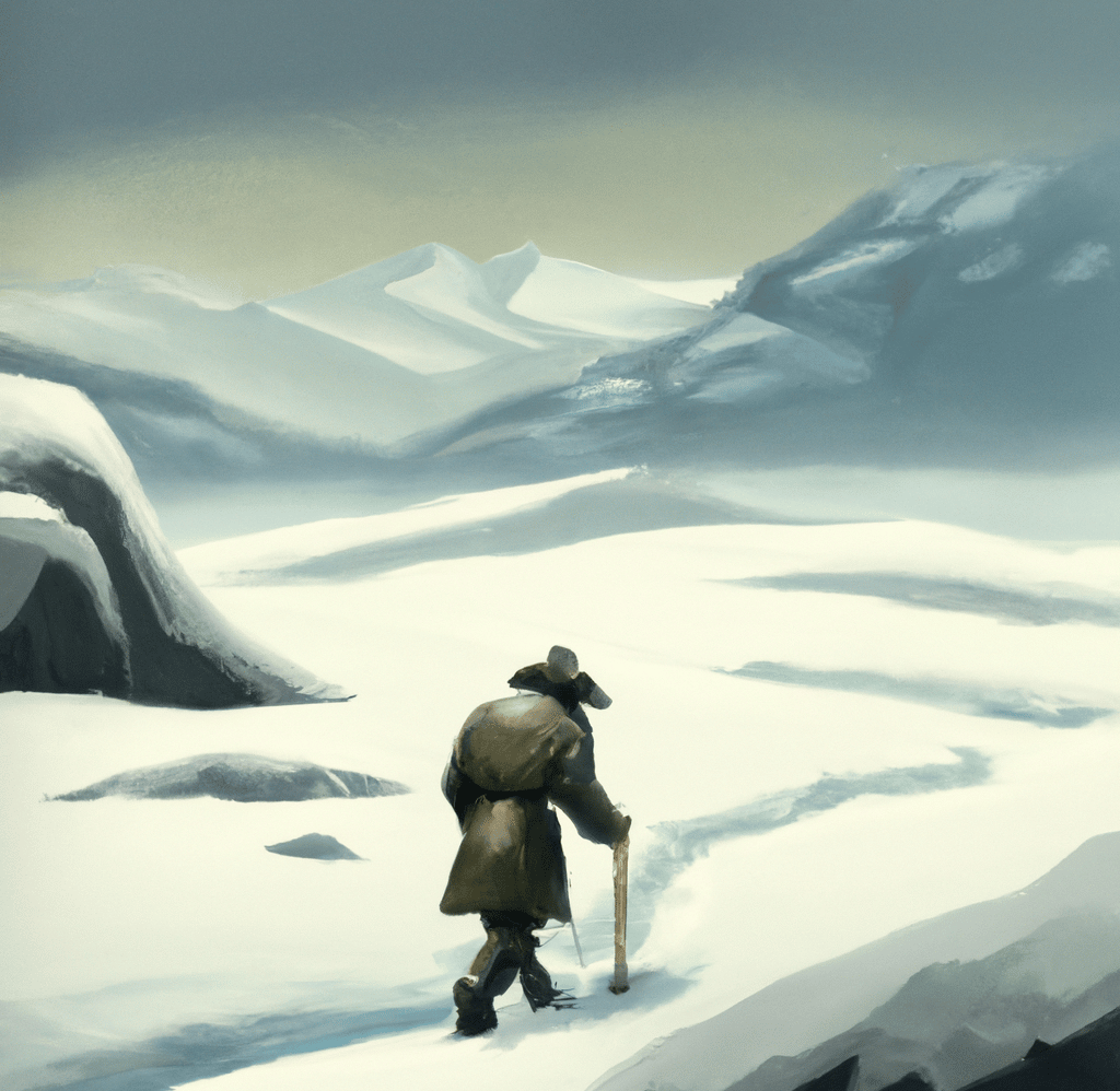 peinture d'un chasseur sans nourriture marchant à travers une montagne enneigée