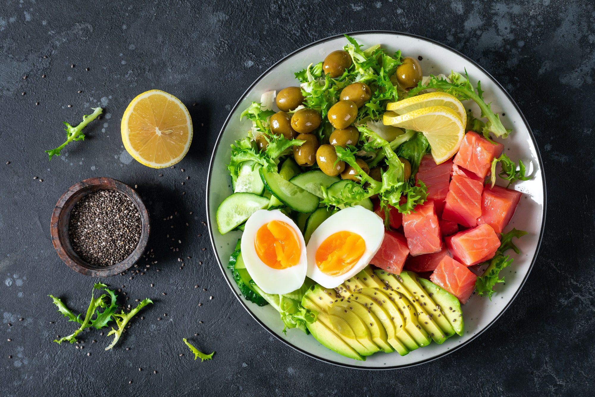 repas cétogène et paléo avec oeufs avocat poisson concombres et olives