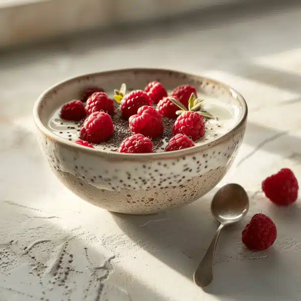 porridge de graines de chia avec lait d'amande, fruits rouges