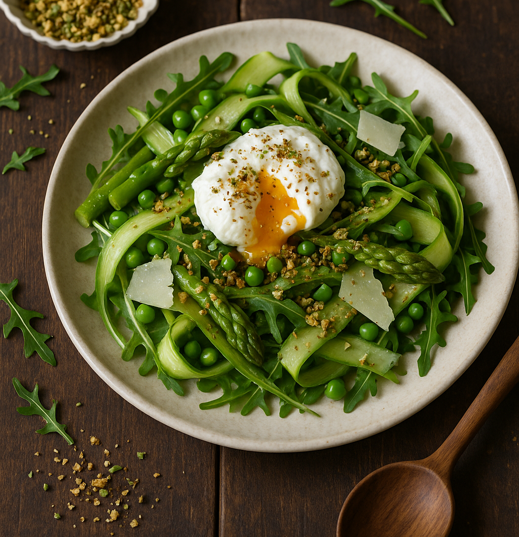 La salade d’asperges, œuf poché, petits pois, et dukkah aux pistaches