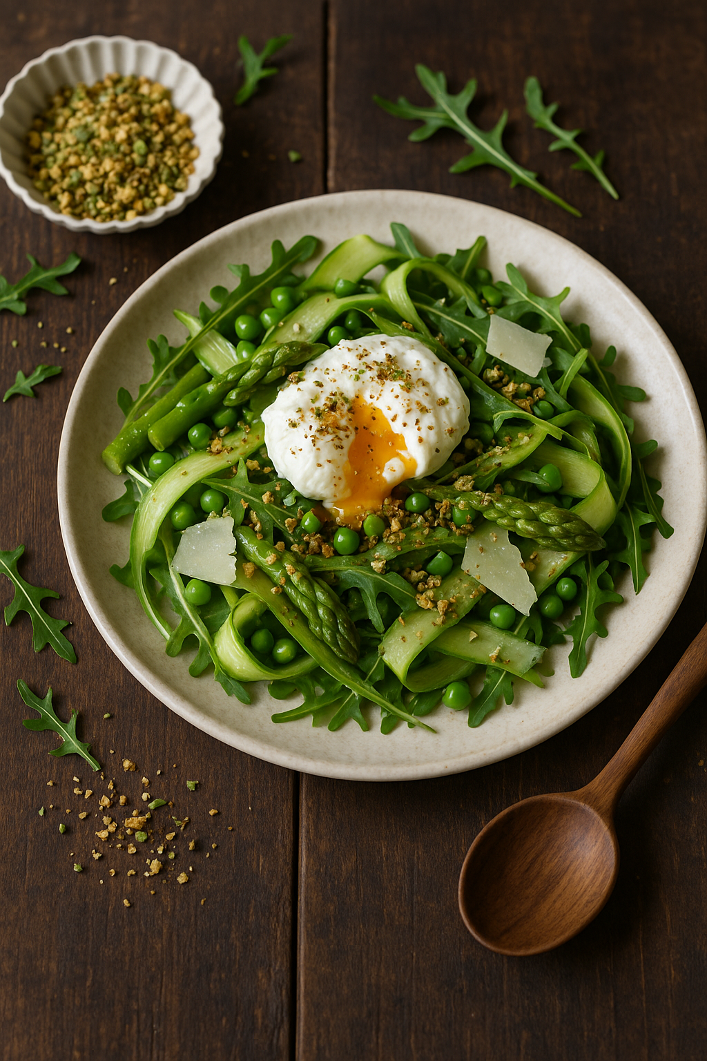 salade d’asperges, œuf poché, petits pois, roquette, dukkah aux pistaches