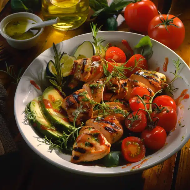 salade de poulet grillé avec avocat, tomates cerises et vinaigrette à l'huile d'olive