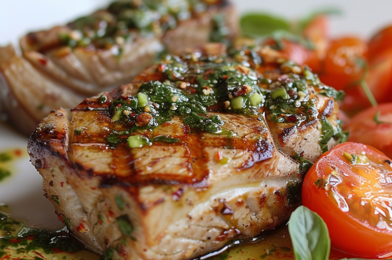 Le steak de thon grillé à l'ail et au basilic